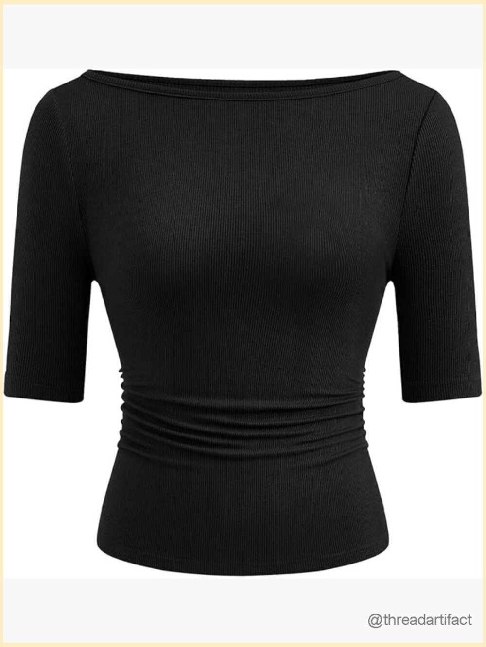 Boat Neck Ribbed Knit Slim Fit Short Sleeve T Shirt Casual Basic Top